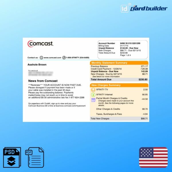 USA Comcast Utility Bill Template