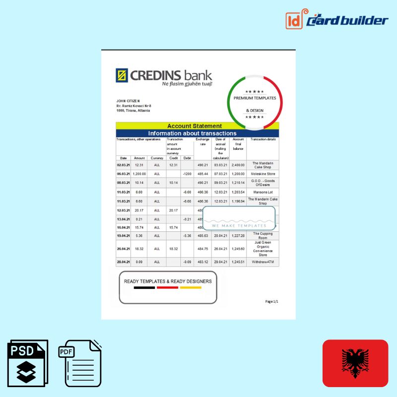 Albania Credins Bank Statement Template