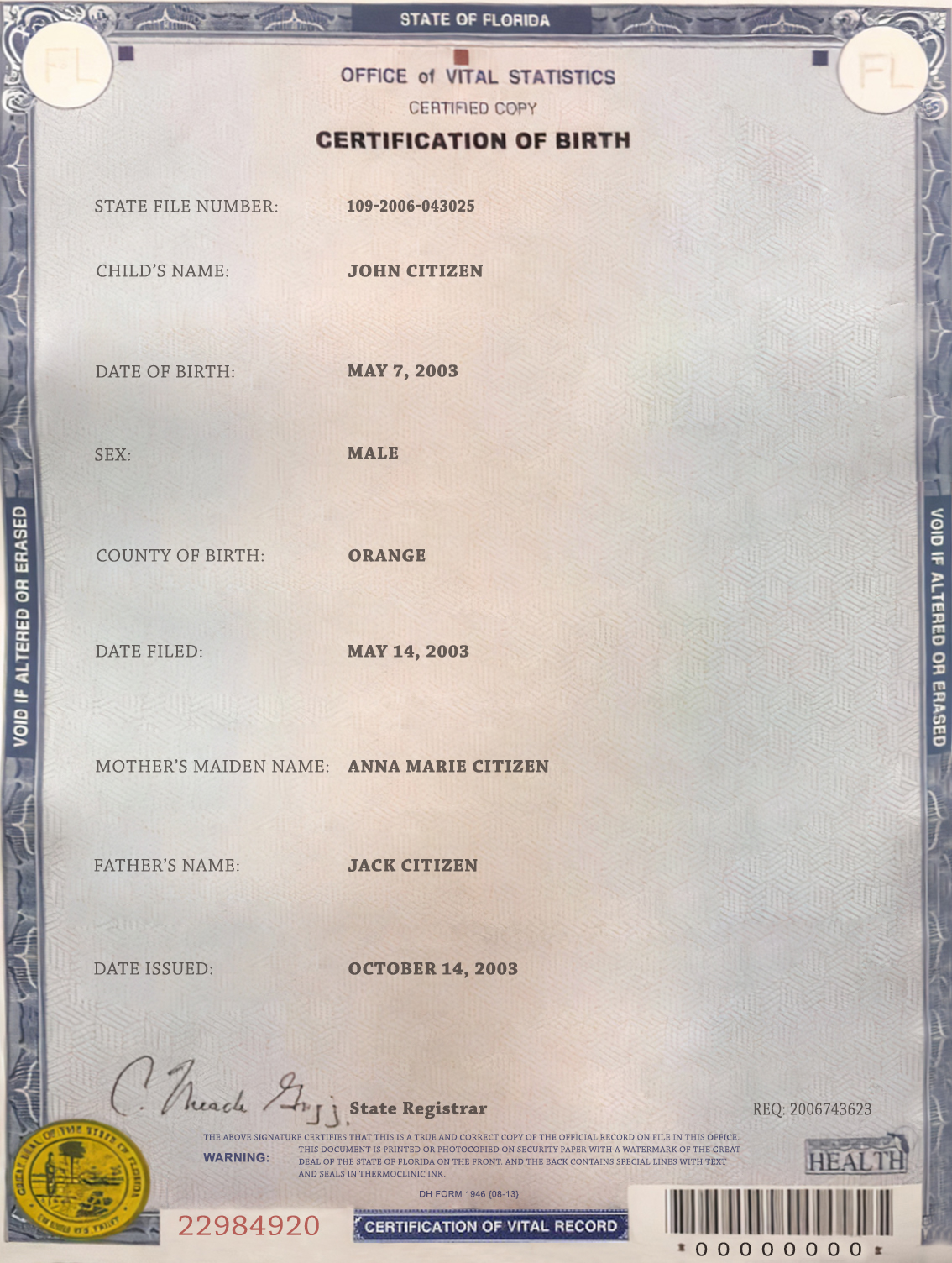 usa birth certificate florida john